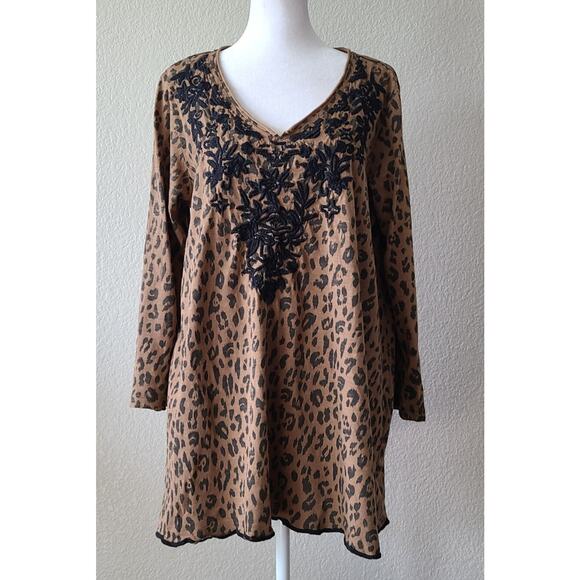 Karyn Seo Embroidered Floral Relaxed Shirt Sz Large Animal Print Tunic Cotton - Picture 1 of 12